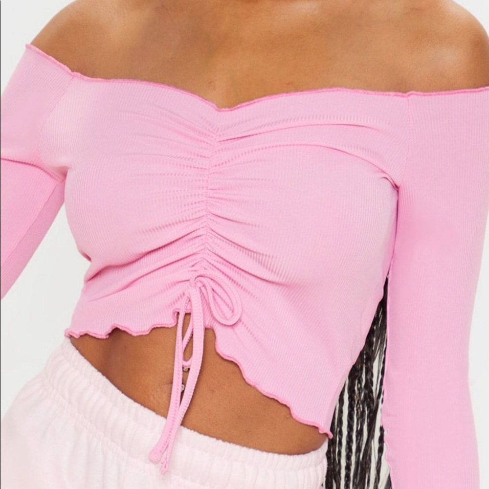 *New PLT Pink Off the Shoulder Ruched Crop Top*